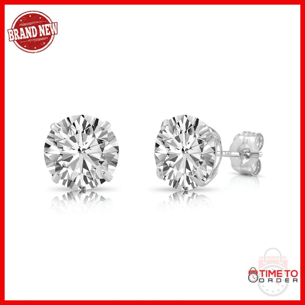 14k White Gold 6mm Cz Stud Earrings With Push Backs
